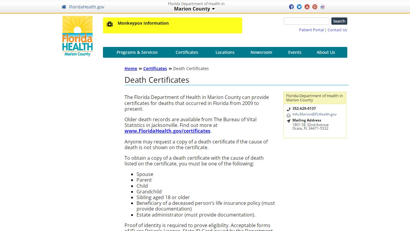 Death Certificates | Florida Department of Health in Marion